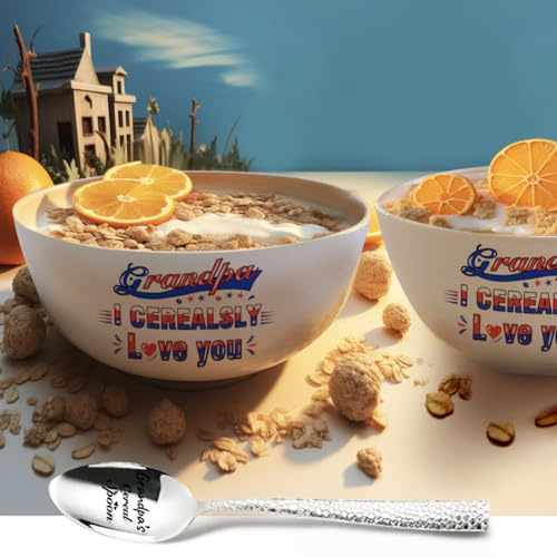 SHININGSOUL 2 Grandpa's Cereal Bowl and 1 Grandpa's cereal Spoon with Greeting Card, Grandpa I CEREALSLY Love You 7'' Bowl and Spoon Set Birthday Retirement Engraved Gift Idea Box