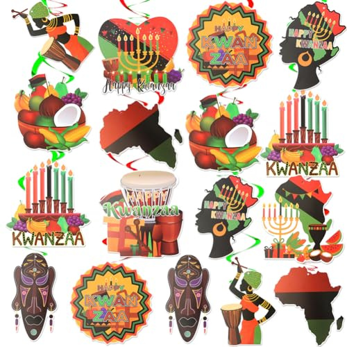Kwanzaa Dekorationen, afrikanisches Erbe, Feiertags-Hängedekoration, 48 Stück, riesiger Kerzenständer, Trommel, Obstbecken, afrikanische Maske, Flagge, Karte, Wirbeldecke, Party-Dekorationen für Happy