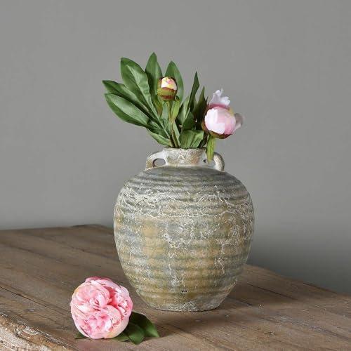 Ribbed Stone Greek Plant Pot, Large Rustic Indoor Plant Pot, Chunky Grey Cement Round French Urn Vase Planter with Handles, Olea