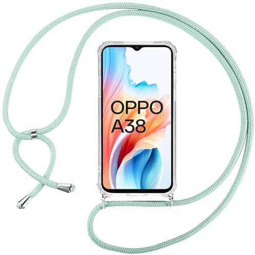 ISOI Funda con Cuerda para OPPO A38 4G / OPPO A18 4G, Carcasa Transparente TPU Suave Silicona Case con Correa Colgante Ajustable Collar Correa de Cuello Cadena Cordón, Verde