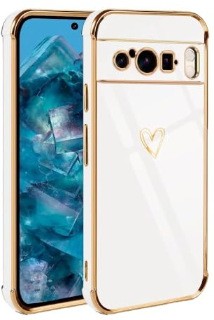 CaseLover Handyhülle kompatibel mit Google Pixel 8 Pro Hülle, Weiß | Gold Herz Muster, Galvanisierte Weich Silikon TPU Bumper Case, Ultra Dünn Kameraschutz Stoßfeste Schutzhülle, für Mädchen