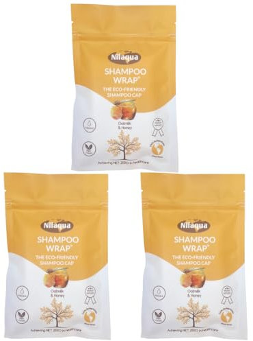 Nilaqua NO Rinse Shampoo Wrap_the World's First Biodegradable Shampoo Cap - 100% Biodegradable Bamboo | Rinse free Shampoo | Pleasant Fragrance - Oatmilk & Honey 3pack