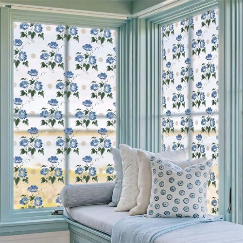 Fensterfolie Blaue Blume Grün Milchglasfolie Fensterfolie Milchglas Selbstklebend Fensterfolie Sichtschutz Blickdicht Fenster Sichtschutzfolie Folie für Fenster Fensterfolie Bad 82x250cm