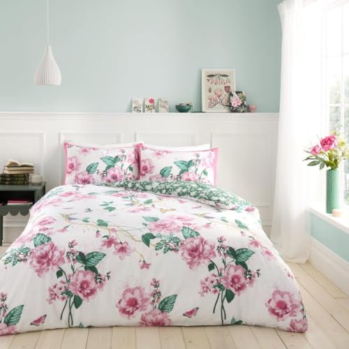 GC GAVENO CAVAILIA Birdie Blossom Duvet Set Double With Pillowcases, Botanical Bed Cover Set, Super Soft Reversible Floral Quilt Covers Bedset, 3Pieces, Pink/Green