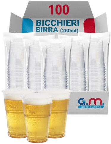 G.M. DISTRIBUZIONE 100 Bicchieri Birra da 250ml in PET Trasparente, Bicchieri Usa e Getta per Birra tacca 2cl, Bicchieri Monouso per Bar e Lounge Bar