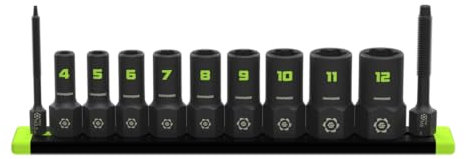 GRIPEDGE Tools | 9-PC - 1/4'' Drive Metric RPT Socket Extractor Set | Sizes 4 – 12 MM | Removes Broken Studs, Stripped Bolts and Lug Nuts | Includes Premium Aluminum Socket Rail|