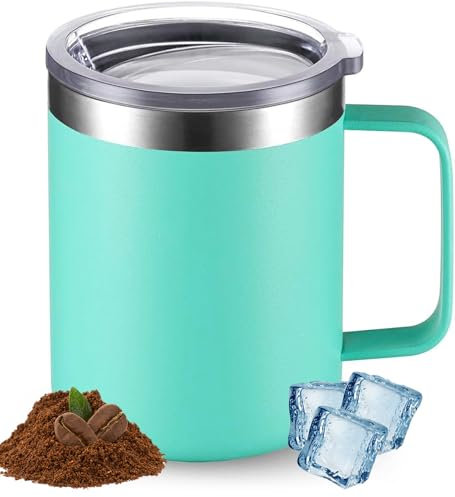 EHIOG Mug avec Couvercle,Mug Inox-Tasse à Café Isotherme avec Couvercle,Double Paroi Acier Inoxydable,Isolation et Froid,équipé D'une Poignée,12 Oz/360ml Pour Café Chaud et Froid,Eau,Lait et Thé