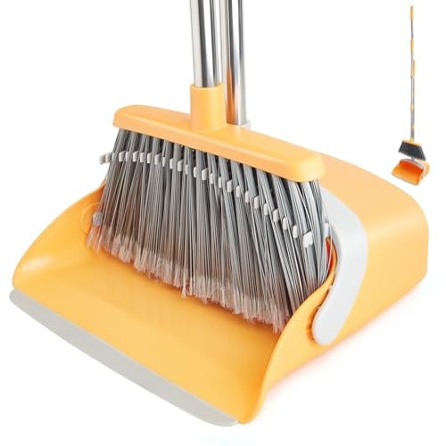 XXFLOWER Dustpan and Brush Sets, Long Handle Broom and Dustpan Set with Comb Teeth, Upright Sweeping Brush Set for Indoor Kitchen Lobby Office Sweeping Pet Dog Hair