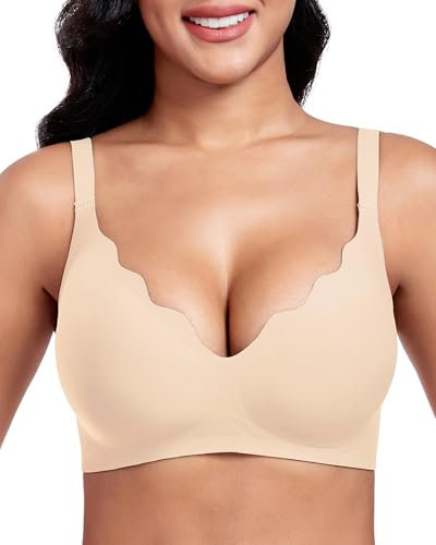Vinfact Women's Plunge V Floral Non Wired Wireless Push Up Bra Padded Comfort Everyday Bra Beige L