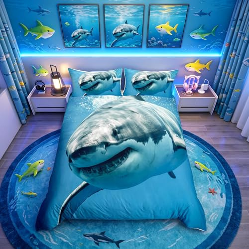 Homemissing Bettwäsche-Set für Einzelbett, Hai-Motiv, Bettdeckenbezug mit Unterwasserwelt-Dekoration für Zimmer