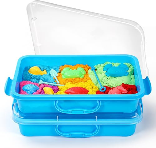 sikmcle Sandpit Sensory Bin Age 3+ with Lid and Handle, Portable Sensory Sandbox Container for Children, Plastic Activity Tray for Toddlers - (Pack of 2, Blue)
