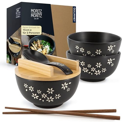 Moritz & Moritz 3x Ramen Schüssel Keramik - 600 ml - 15 cm Ø - Schwarzes Ramen Bowl Set für 3 Personen - Für Suppe, Pho und Sushi Bowl - Inkl. Stäbchen, Deckel und Löffel