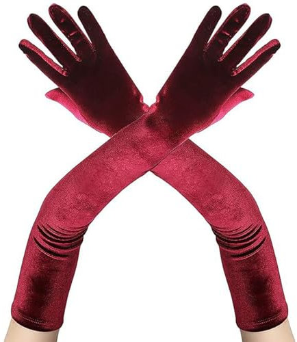 XDGBGFN 1920er Handschuhe für Frauen - Lange Samt Handschuhe für Karneval, Party & Halloween (Burgunderrot, Standard)
