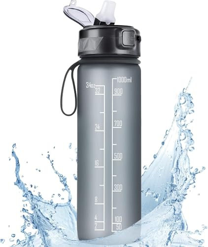FULDENT Trinkflasche mit strohhalm 1L Sport Wasserflasche [Trinkflasche BPA Frei] Trinkflasche mit rutschfest Gummi Grip Geeignet für Die Fahrrad, Outdoor, Schule, Gym