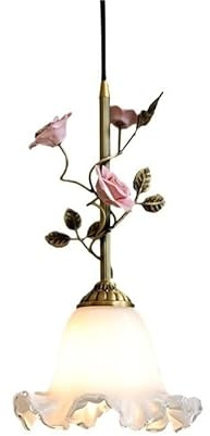 HRWLY Céramique De Chevet Française Rose Fleur Suspension Vintage Cuivre Salle À Manger Lampe Suspendue Verre Café Lustre Avec Base E26/E27 for La Maison Chambre Cuisine Salon Bar Café Clubpour