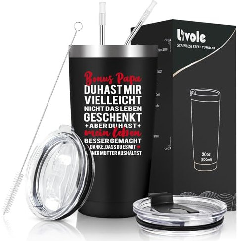 Livole Bonus Papa Geschenk, Vatertagsgeschenk für Vater, Männer, Stiefvater Geschenk Vatertag Weihnachten, Danke Bonus Papa Thermobecher, Geschenke für Stiefvater, 20oz 600ml Edelstahl Weinbecher