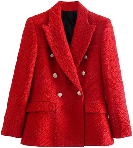 Blazer Croisé Rouge pour Femme Veste en Tweed Classique à Carreaux Bureau Blazer Ample élégant pour Femme Veste De Travail Courte à La Mode (Rouge,M)