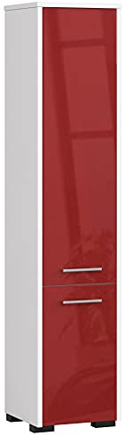 AKORD Badezimmer-Hochschrank schränke | Badezimmer kommode | FIN 2D 2 Türen (je Oben und unten) | B30 x H140 x T30 cm | Gewicht 25 kg | Hängeschrank für Wandmontage | Weißer & Roter Glanz Front