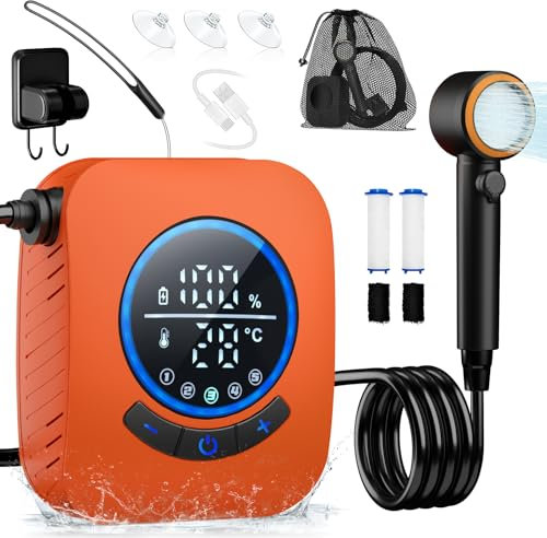Zosudull Campingdusche,8000mAh Wiederaufladbare Tragbare Campingdusche mit Pumpe und Temperaturanzeige,Tragbare Camping Dusche mit Filter Pads und Patronen