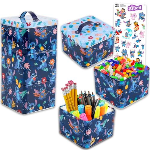 Disney Lilo & Stitch Stack Store And Carry Stackable Tin Box Set - Bundle of Disney 3 Stack Food Storage Containers and Stickers | Stitch Canisters for Storage