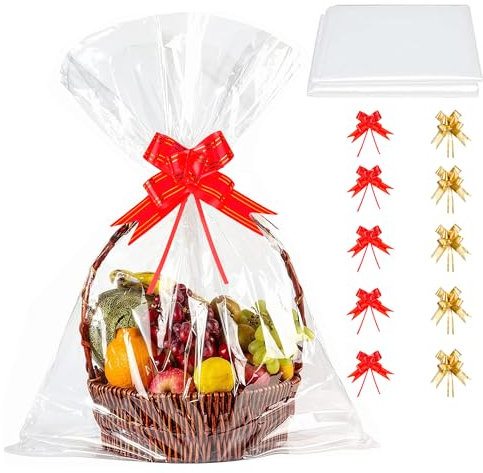 10pcs Extra Large Cellophane Wrap For Hampers, Clear Wrapping Paper Plastic Gift Bags With 10 Pull Bows, Christmas, Birthday Gift Cellophane Bags For Hampers(29.5x39.4inchs)