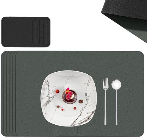SÄNGER | Untersetzer & Platzsets abwaschbar aus Kunstleder 12 teilig, Platzdeckchen Tischuntersetzer für 6 Personen-rutschfest doppelseitig wasserdicht- Tischset Untersetzer Grau Schwarz 44,5 * 30cm