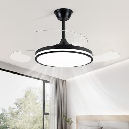ZOMLBOF Large Ceiling Fan with Lights Reversible Dimmable Fan with Remote Control, Modern Silent Fan Light with Retractable Blades for Bedroom, Black 42IN