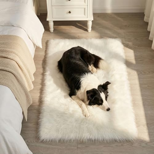 Mishukaze Plush Faux Sheepskin Rug-Ultra Soft Fluffy Bedside Carpet,Machine Washable Anti Slip Floor Mat,Silky Shag Area Rug for Bedroom,Living Room & Kids Room Decor(White, 60 * 90)