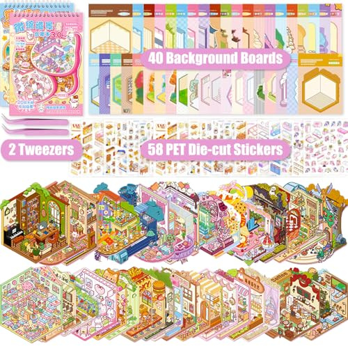 40 Stück 3D Szenen Stickerbuch für Erwachsene Kinder, Sticker Scene Book | Miniature House Room Scene Sticker Therapy, DIY Stickerbuch Haus, Mit Aufkleber, Zimmer, Pinzette, für Mädchen Junge