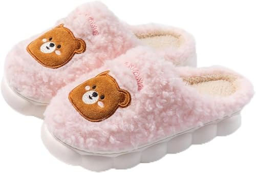 Hecatombic Women's Cute Bear Pattern Thick Plush Soft and Comfortable Home Slippers Warm Autumn and Winter Bedroom Leisure Non-slip Indoor Slippers (Pink,40-41)