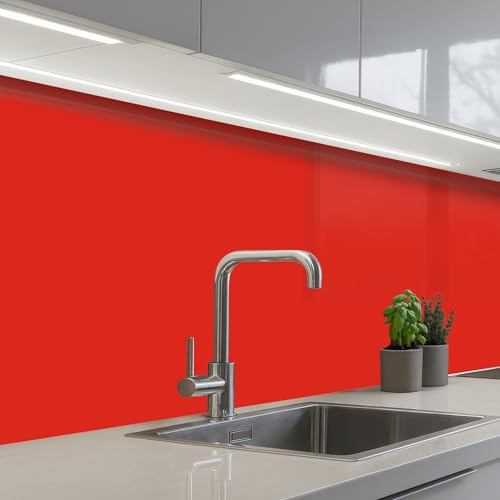 KitchenYeah© Credence Cuisine Adhesif Protection Mur Plaque De Cuisson | 60x250 cm - Plastique Rigide Revetement Murale À Coller Rouge - Motif - Design