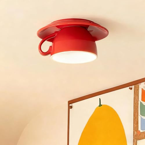 LOGT LED Deckenleuchte Keramik Kaffeetasse Kreativ Deckenlampe Moderne Deko 3 Farbtemperaturen (3000K/4500K/6000K) Deckenbeleuchtung Innen Cartoon Kinderzimmerlampe für Restaurant,Rot