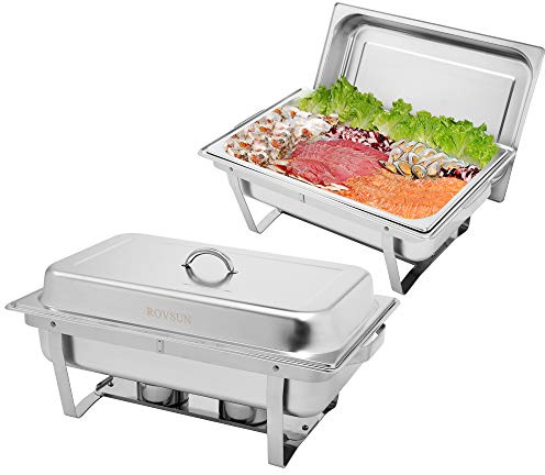 Rovsun Warmhaltebehälter Essen aus Edelstahl 9 L, Chafing Dish 60x36x30 cm, Speisenwärmer Speisebehälter,Wärmebehälter Buffet Wärmer Rechaud mit Scharnierverschluss & Rollrand & faltbaren Gestell 2pc