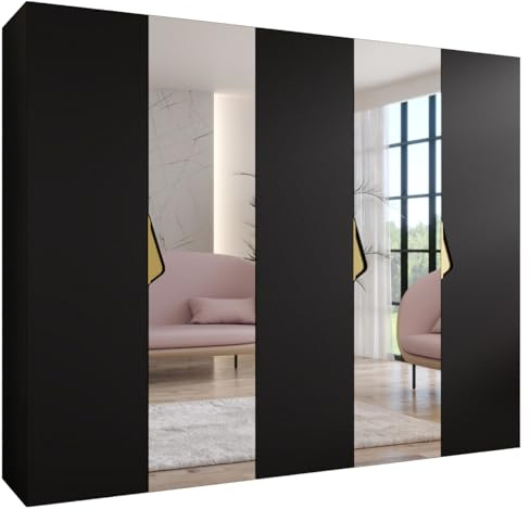 MEBLE KRYSPOL - Kleiderschrank - Garderobenschrank - 250 cm x 202 x 52 cm - Schrank mit Kleiderstange und Spiegel, 5 Türen - für Schlafzimmer, Flur - SANDI, Schwarz, Griff Gold