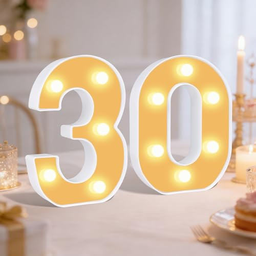 Light up Numbers 30, LED Number Lights, Warm Numbers Sign for 30th Birthday, for Wedding Anniversary Grad Home Bedroom Decorations(30th)