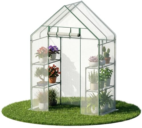 Soontrans Gewächshaus Foliengewächshaus，Ausgestattet mit PE-Gitterfolie und 4-etagigem Gitterregal, Wind- und regengeschütztes Tomaten Gewächshaus，143 × 73 × 195 cm, Weiß