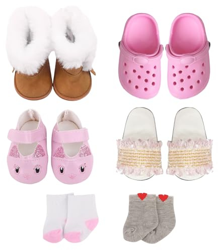 6 Paar Puppen Schuhe Zubehör Set für 14-18 Zoll Puppen, Puppenzubehör 43cm mit Plüschstiefel Hasen-Schuhe Sandalen Pantoletten mit Fransen 2 Socken, 35-45cm Puppe Zubehör Puppenkleidung für Geschenk