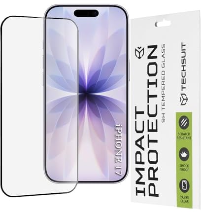 Techsuit Displayschutzfolie für iPhone 17, iPhone 16 Pro Gehärtetes Glas mit 9H Härte, Vollständige Abdeckung, Stoßschutz, Oleophobe Beschichtung, Anti Fingerabdruck, Blasenfrei, 111D Full Glue