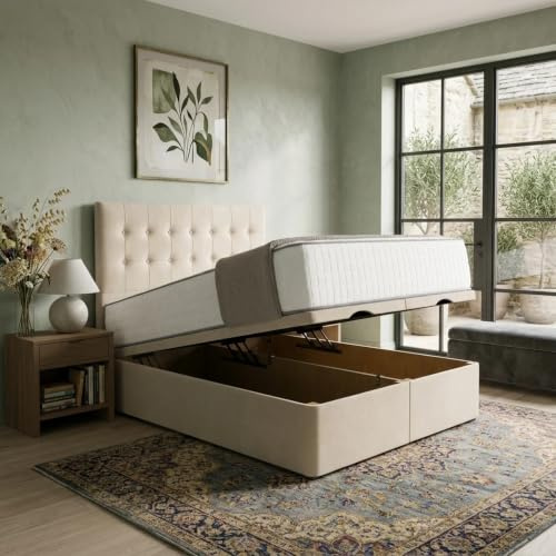 Lush Products Luxury Ottoman Divan Storage Bed Frame Upholstered Bed Solid Timber Frame, Wooden Slats, Modern Bedroom Furniture, (Cream 4ft6 Double With End Lift Ottoman & No Mattress)