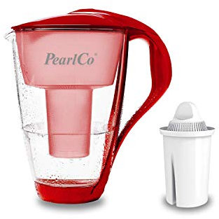PearlCo Glas-Wasserfilter (rot) Glaskanne mit 1 Classic Filterkartusche – Reduzierung von Kalk & Schwermetall – Schützt Geräte – Besserer Geschmack von Kaffee & Tee – Made in EU