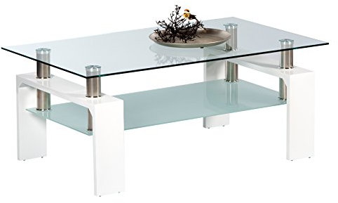 Stella Trading MANGO II Couchtisch Glas in Hochglanz weiß - geräumiger Glastisch mit Glasblage für Ihren Wohnbereich - 100 x 46 x 60 cm (B/H/T)