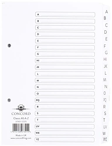 Concord Classic Index Mylar-reinforced Punched 2 Holes A-Z 20-Part A5 White Ref 07301/CS73