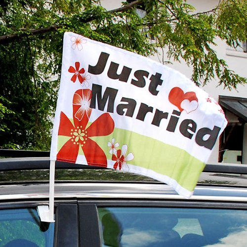 Autoflagge Hochzeit Just Married mit Blüten und Herzen - Fahne für die Autodeko , personalisierbar mit Namen des Brautpaares, 10 St.