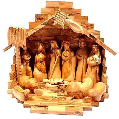 Jerusalem Krippe + Krippen-Set, aus Olivenholz aus Bethlehem (mittelgroß)