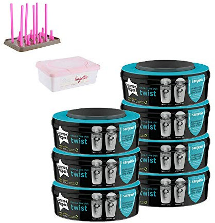 Sangenic - Lote de 7 recargas Tommee Tipee de Sangenic + escurridor de biberón + caja para toallitas, color rosa