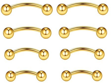 NewkeepsR Titan 4 Paare -1,2mm Gold Gebogener Kurven-Barbell Bananenbar, Rook-Brücke, Helix Augenbrauenringe, Vertikaler Labret-Piercingschmuck in 6mm/8mm/10mm/12mm