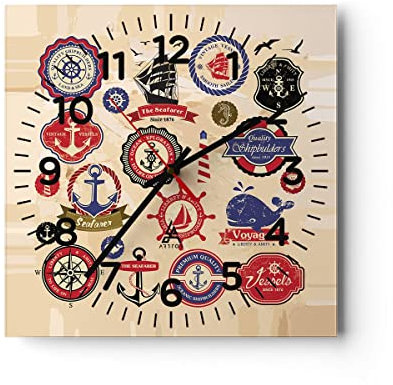 Modern Wanduhr Anker Fahne Abzeichen Boot 40x40cm Quadrat Groß Wand Uhr Glas Analog Zimmeruhren Küche Büro Wohnzimmer Glasuhr Wall Clock Dekoration Design Wanddekoration Küchenuhr C4AC40x40-2780