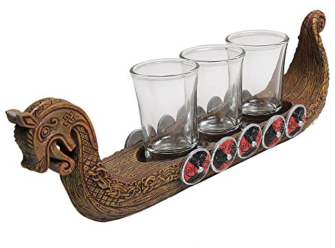 Pacific Trading Viking Ship Shot Glass Holder 3 Piece Set New