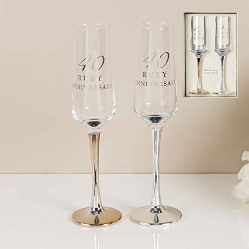CC Personalised Amore Set of 2 Ruby 40th Wedding Anniversary Straight Champagne Flutes with silver stems - Add Your Own Message (Not Personalised)