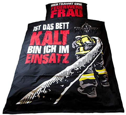 Hier träumt eine Feuerwehrfrau Bettbezug Kopfkissen 80 x 80 Deckenbezug 135 x 200 Oberdecke Set Geschenkidee Feuerwache Motiv retten löschen Bergen schützen…